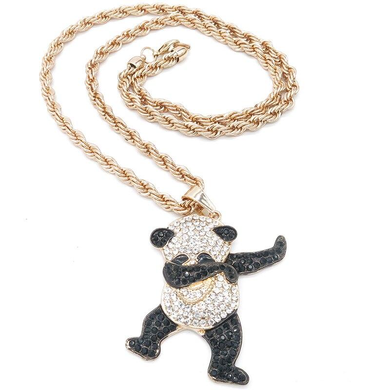 Kalung Liontin Panda Warna Emas Bahan Zirkon Gaya Hip Hop Rock Untuk Pria