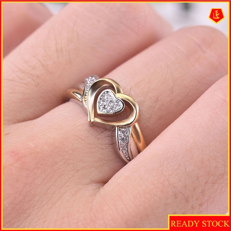 [Ready Stock]Silver Heart-Shaped Diamond Two-Tone Ring Fashion Luxury 18K Gold