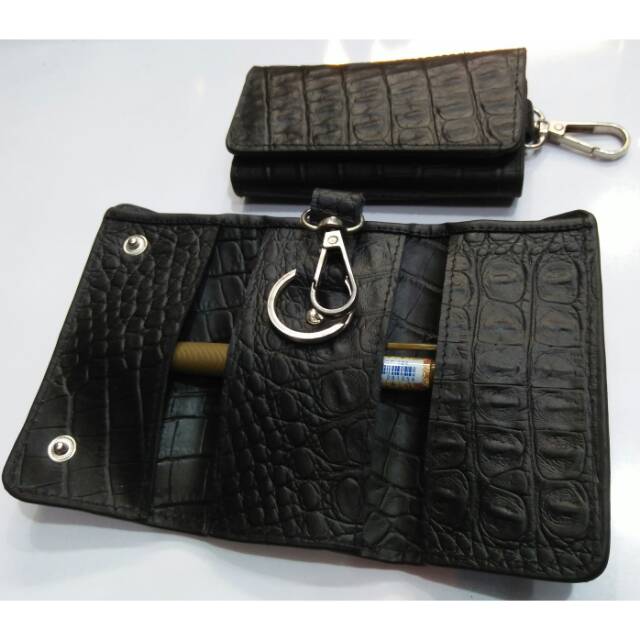 Gantungan kunci kulit asli kancing motif croco