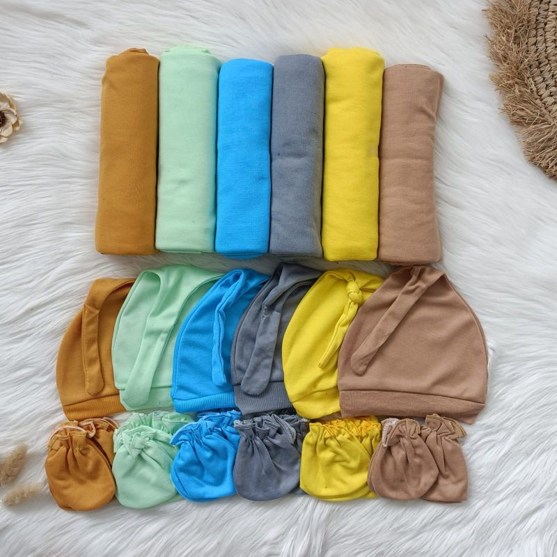 Set hemat baby newborn 4 in 1 polos bedong bayi kupluk sarung tangan dan sarung kaki bayi baru lahir