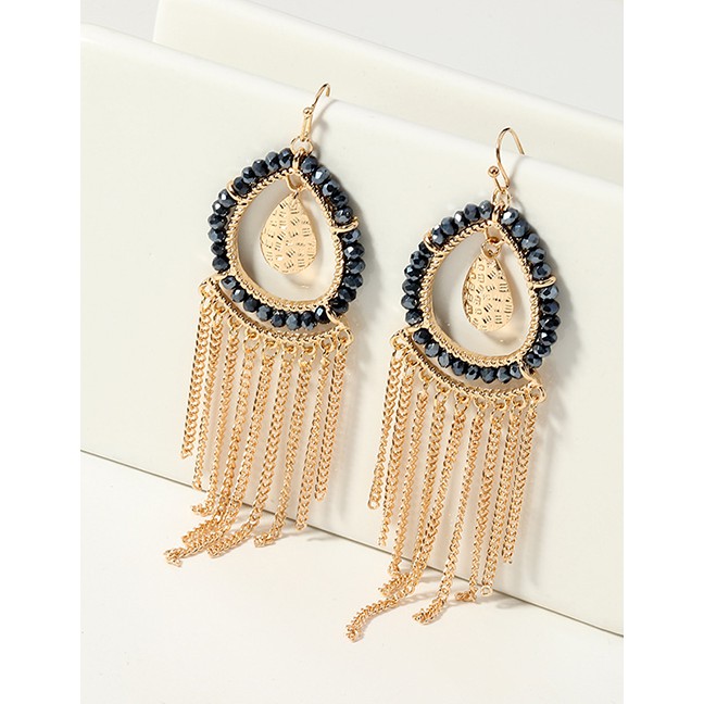 LRC Anting Gantung Fashion Black Diamond Metal Tassel Earrings F61358