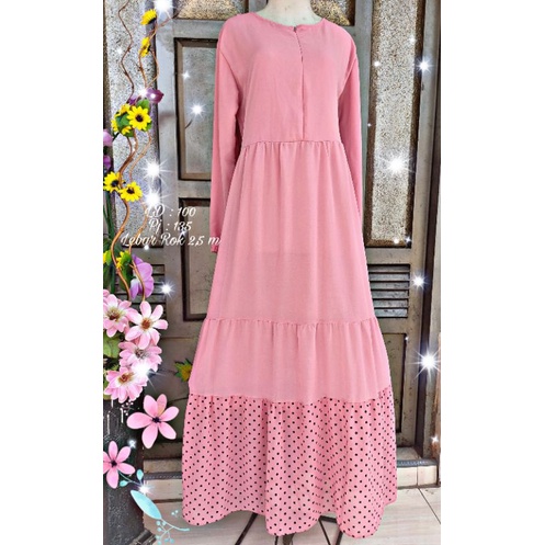 Gamis Ceruty Pink Bawahan Susun Rempel Polka