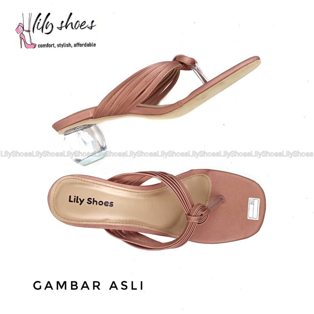 SARAH - Lily Shoes Sandal wanita block heel / hak kaca bulat model jepit casual real pict-TAN