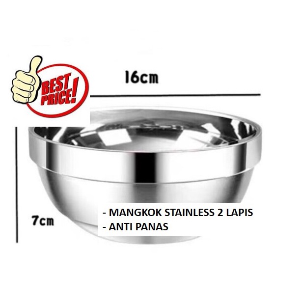 Mangkok Dua Lapis Anti Panas Stainless Steel Polos 14 cm, 16 cm, 18 cm