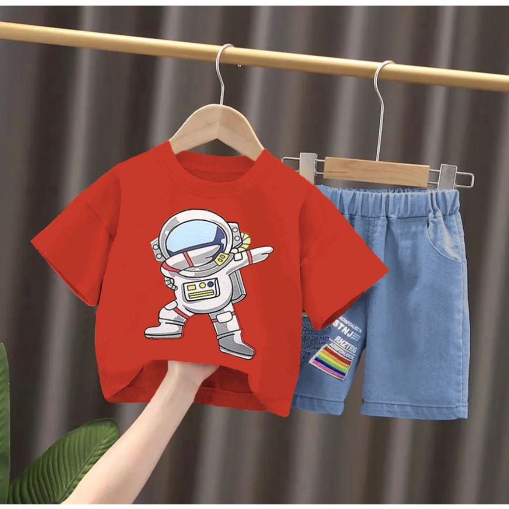 NEW Setelan baju celana denim bayi anak motif nasa astronot usia 6 bulan-5 tahun bahan katun trendy terbaru termurah/Setelan baju celana denim bayi anak laki laki/ Setelan baju celana denim bayi anak cowok/ Setelan baju celana denim bayi anak perempuan