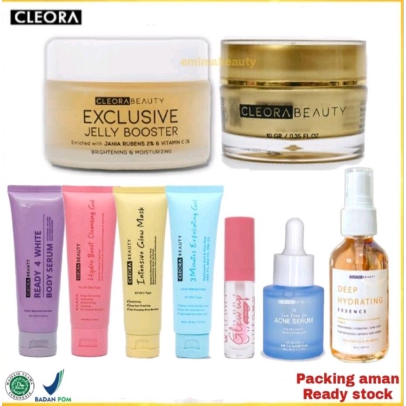 CLEORA JELLY BOOSTER 10 GR 3 MINUTES EXFOLIATING GEL INTENSIVE GLOW MASK MASKER ACNE SERUM HYDRO BOOST CLEANSING GEL CLEANSER FACIAL WASH QIYARA LIP DEEP HYDRATING ESSENCE PROTECT SHIELD SUNSCREEN 4 WHITE BODY