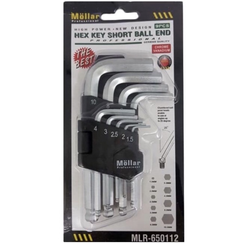 Kunci L Set Ballpoint MOLLAR 9 Pcs Pendek Bola - L Hex Key Short Ball Point End Set 9pcs MLR-650112