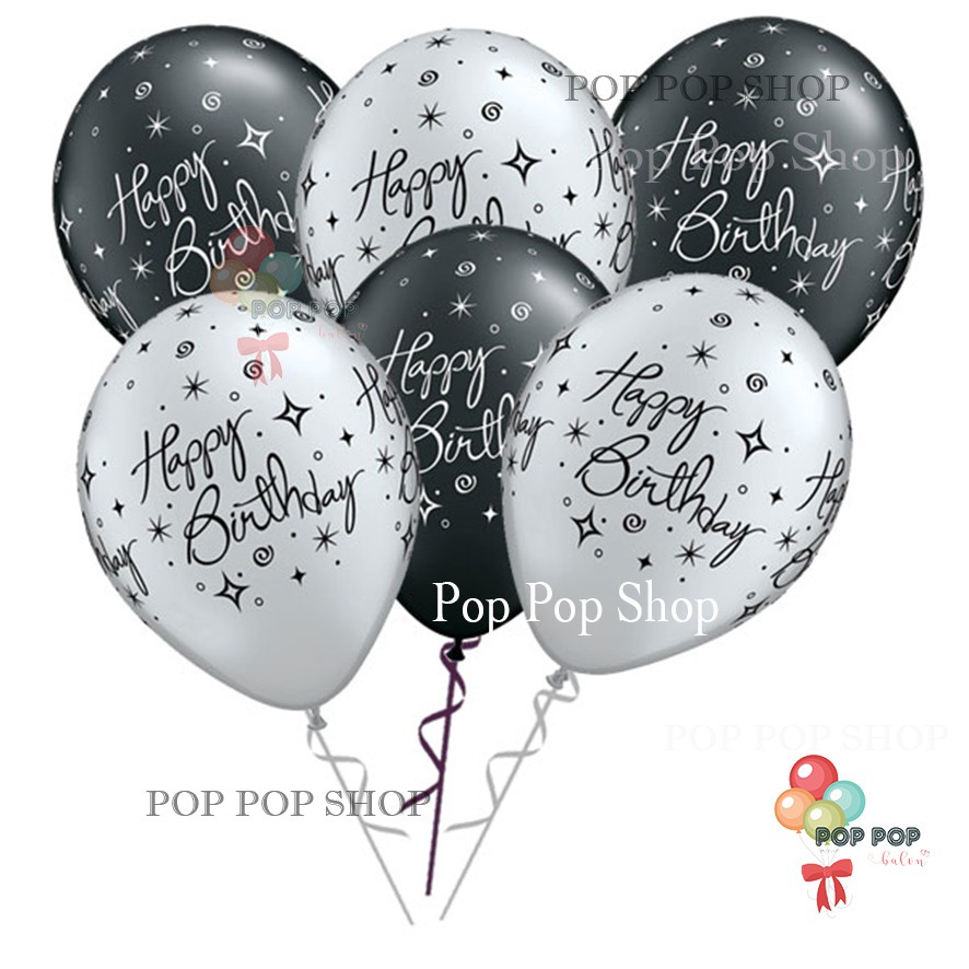  Balon  Latex motif tulisan Happy Birthday Hitam Putih Gold 