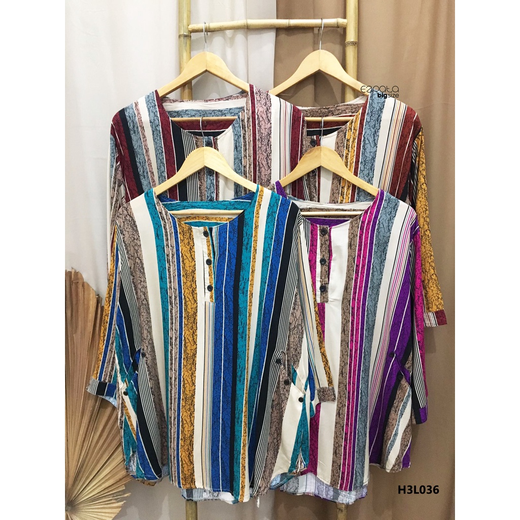 Ezpata Atasan Wanita Jumbo Bigsize Bahan Rayon Motif Stripe Garis Kancing Depan Busui Friendly LD 130cm BB 65-90kg