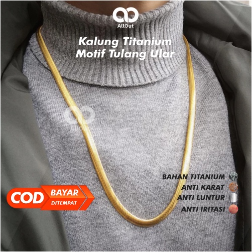Kalung Pria Wanita Titanium Aksesoris Motif Tulang Ular Asli Anti Karat Warna Emas Cowok Cewek Keren