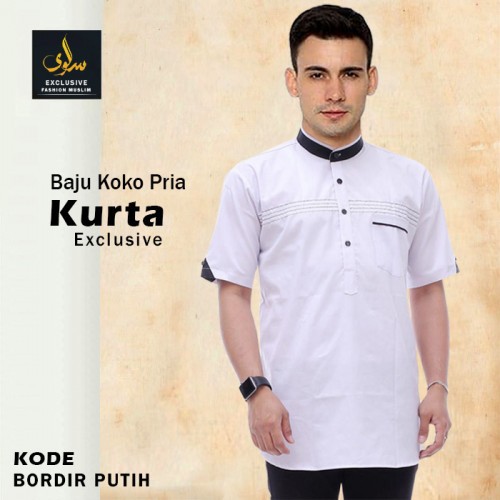 BAJU KOKO TAKWA BAHAN KATUN BORDIR PUTIH
