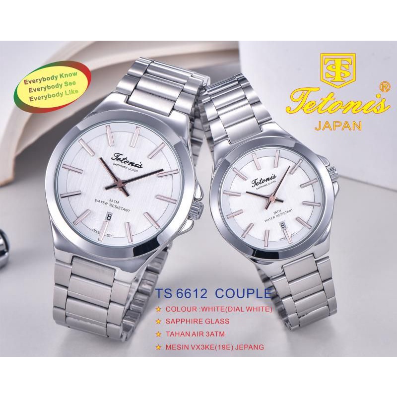 Jam Tangan Couple Tetonis Original 6612 Kaca Saphire Anti Gores All Stainless Steel Garansi 1 Tahun Gratis Ongkir Cod