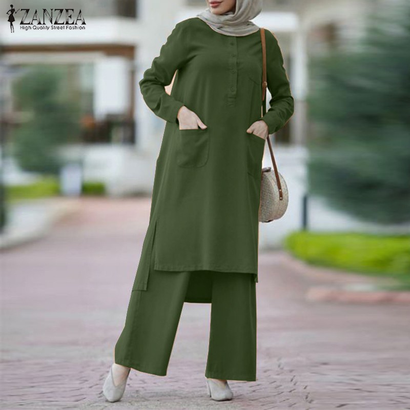 ZANZEA Women Casual Long Sleeve Elastic Waist Front Pockets Muslim Set