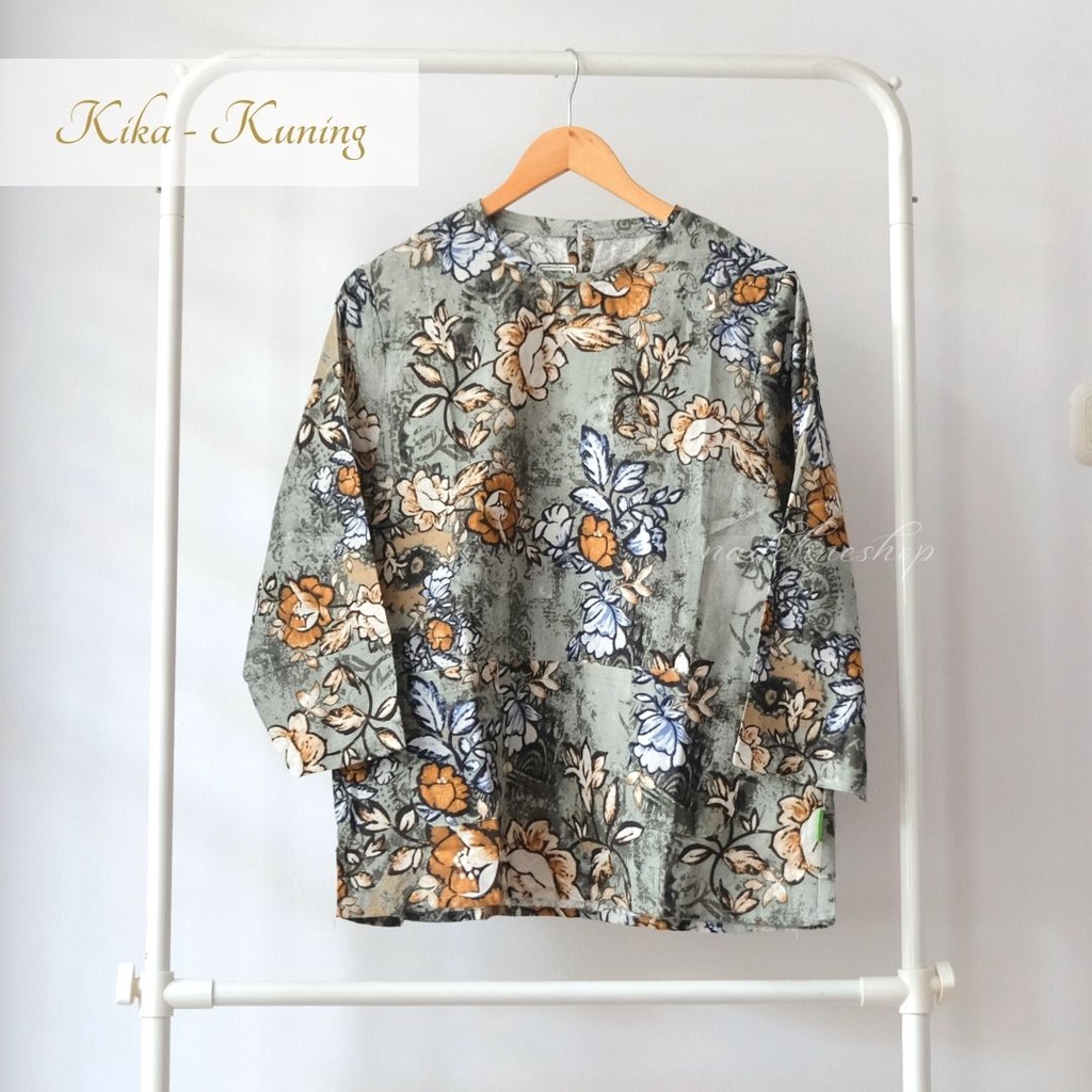 BAJU BASIC BLOUSE WANITA LINEN BUNGA - KIKA & DOLLY BUNGA LUKIS TOP-KIKA - KUNING