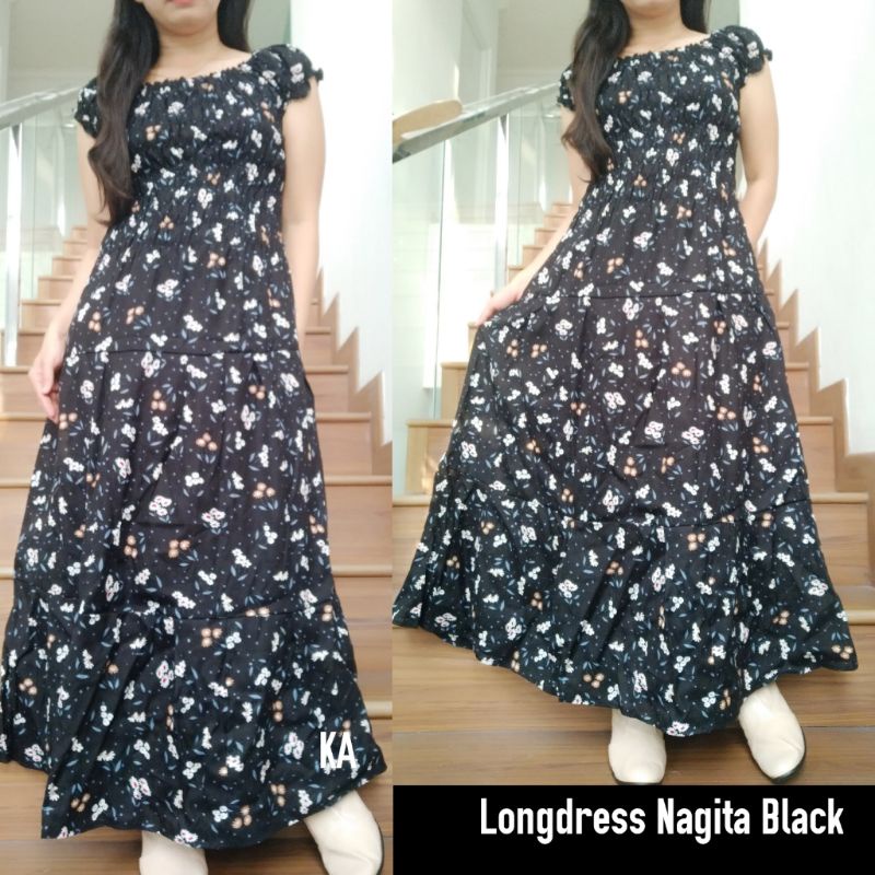 Daster Panjang Serut Dada Rayon Adem Longdress Cantik Bunga Sakura Natasha-Nagita black