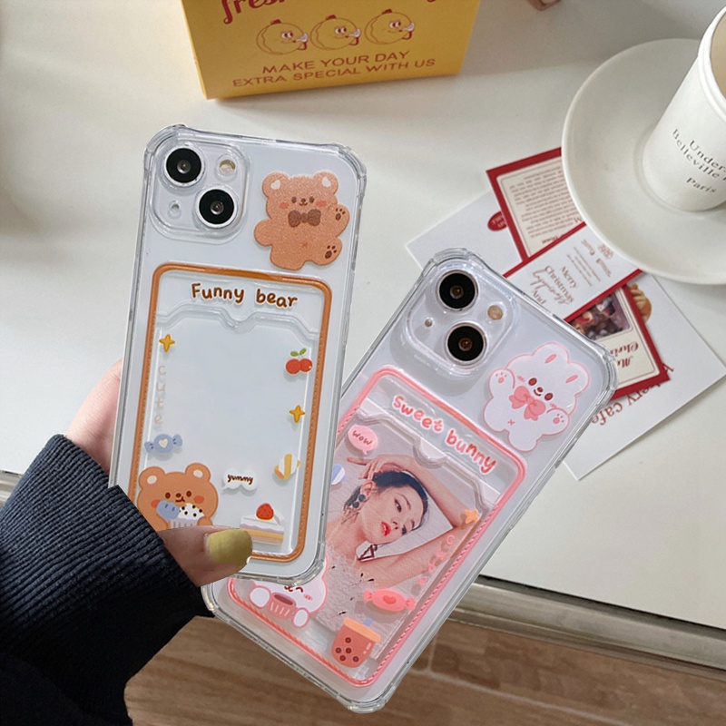 Soft Case Holder Kartu Tahan Banting Desain Kartun Beruang Kelinci Untuk IPhone 7plus 6splus 8plus 6 6s 7 8 11 12 13 Pro Max X XR XS SE 2020