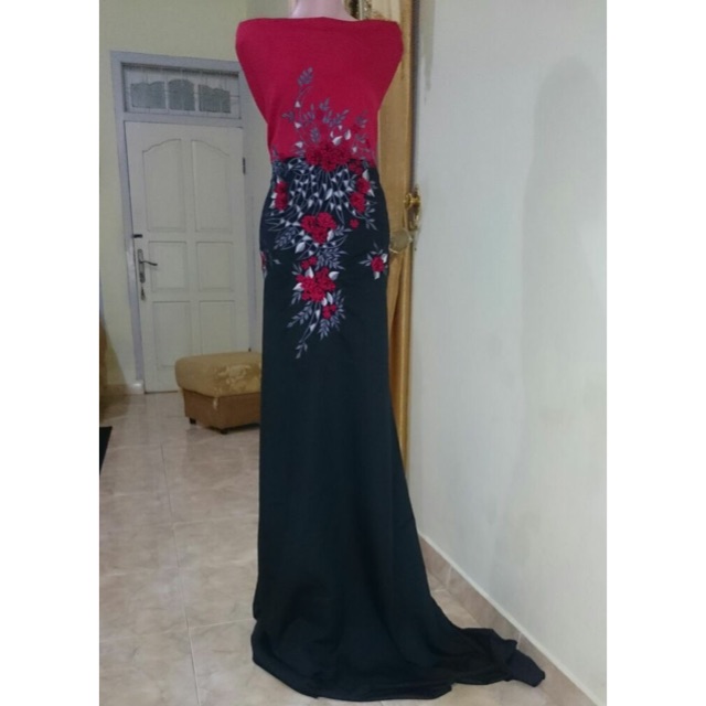 Bahan bordir gamis merah hitam kombinasi