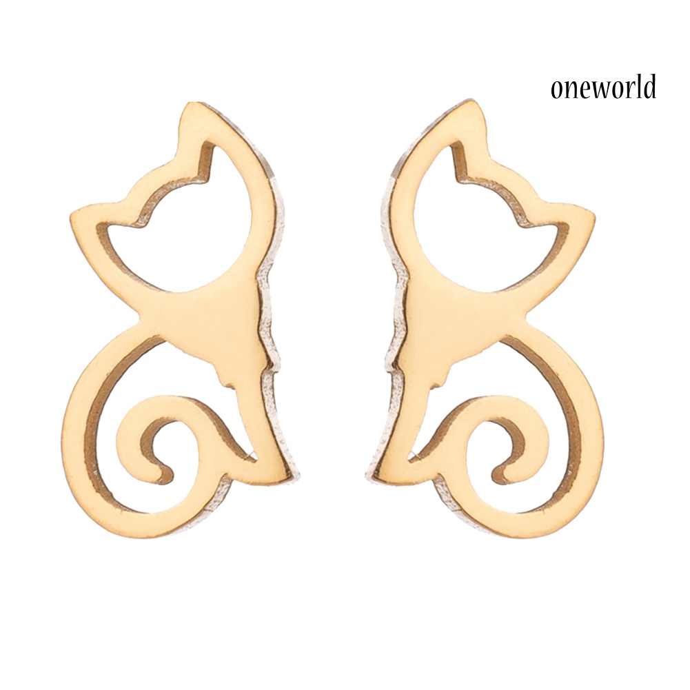 OW@ Minimalist Hollow Cat Stainless Steel Stud Earrings Cute Animal Women Jewelry