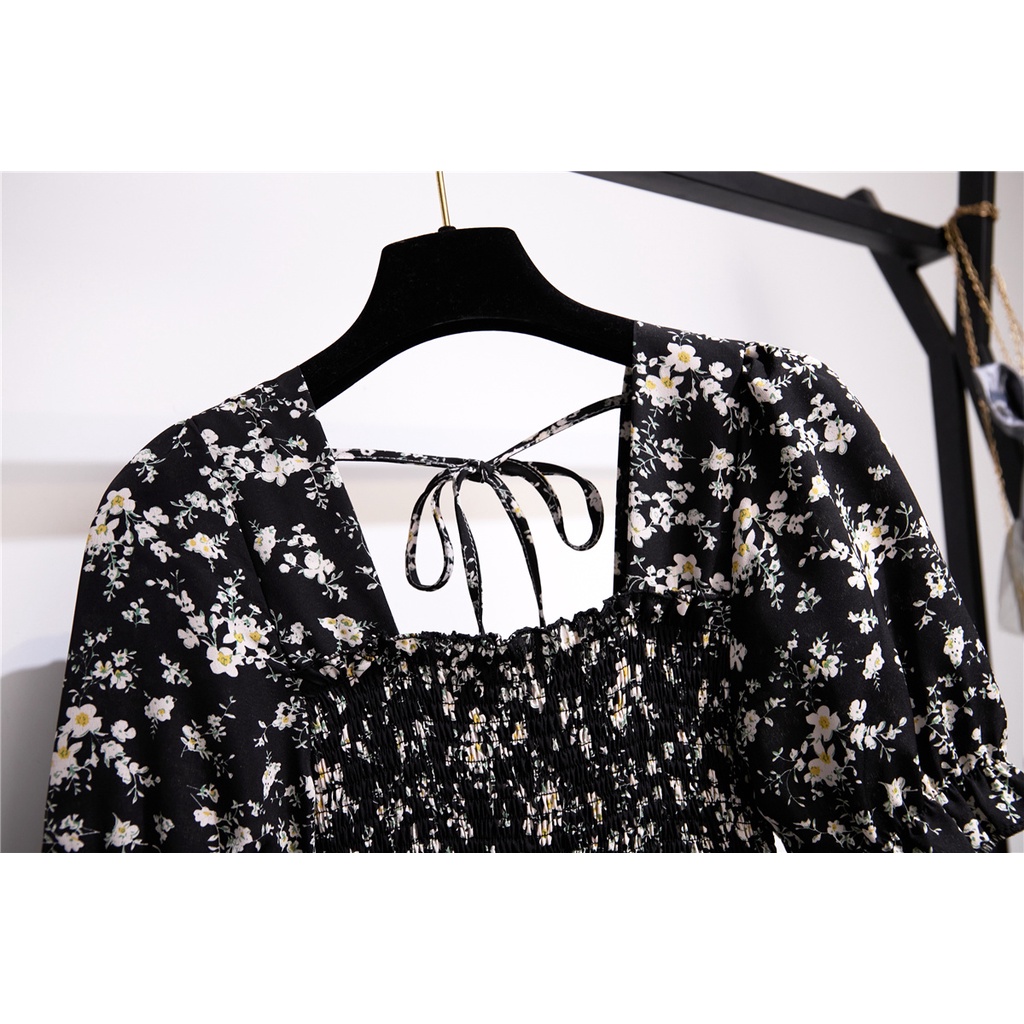 COD New 2022 Hitam Floral Midi Dress Korea Style Pantai Baju Dress Wanita Baju Pesta Gaun 2023 Dada Lipit Musim Panas