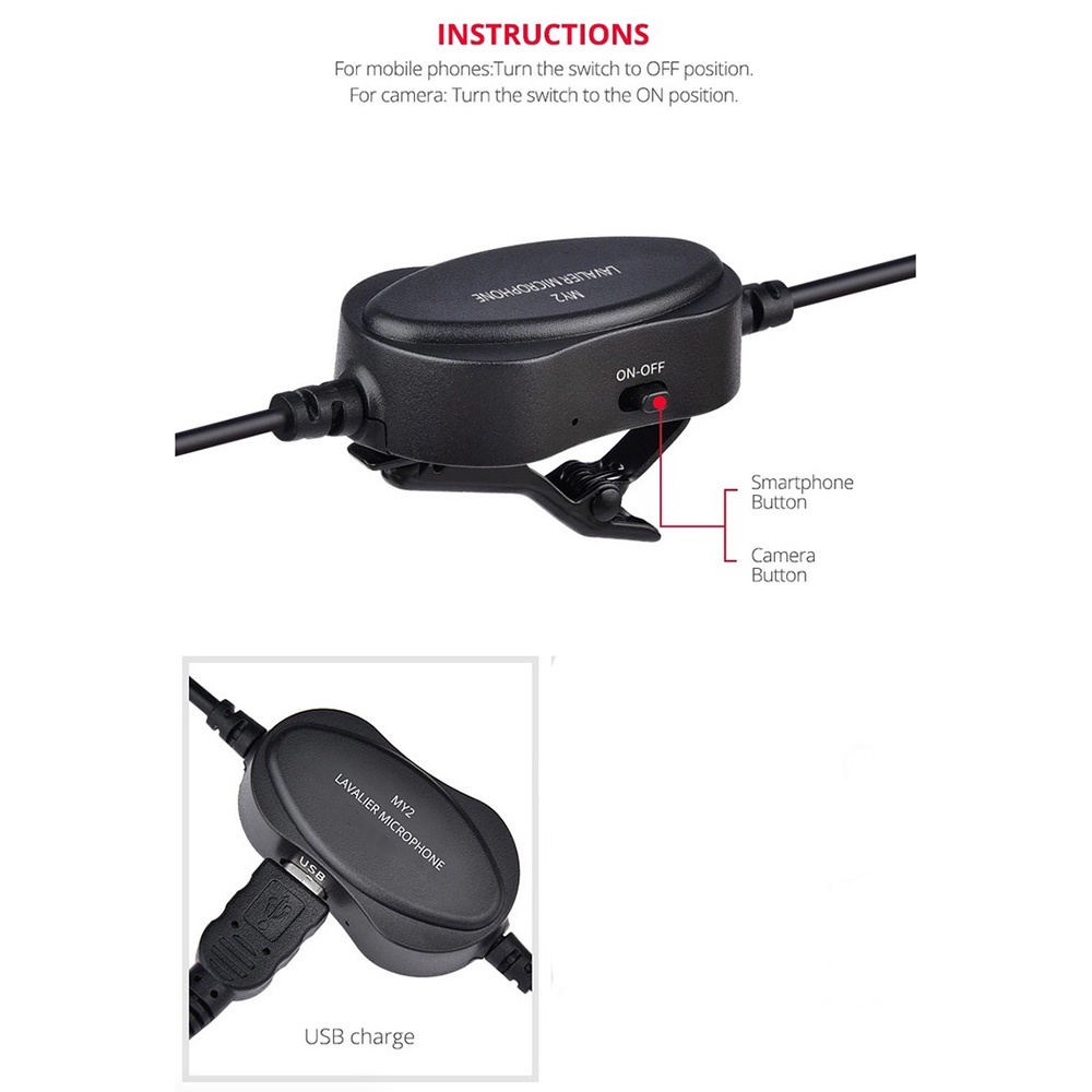 Microphone Clip On Professional Recording Lavalier Video Microphone Clip 3.5mm - MY2 - Black