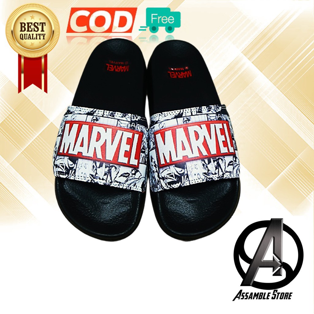 Sendal Jepit Selop Pria Wanita Vans Logo Marvel Comic Hitam Merah Red black color Premium Quality Sandal Slop Murah kekinian Stylish Free Paper Bag dan masker-1