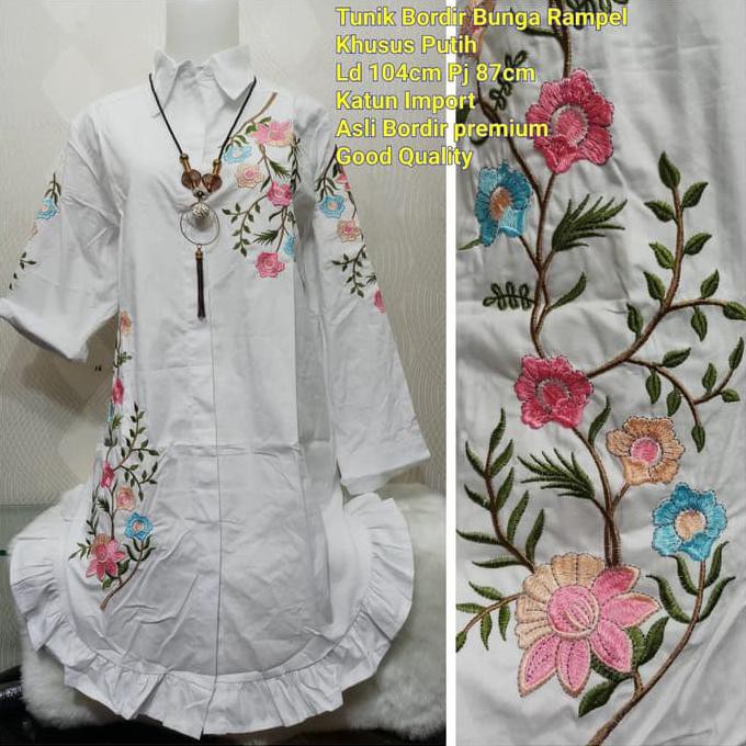 MUTU BAGUS Tunik bordir bunga khusus putih tunik muslim cewek kekinian Murah