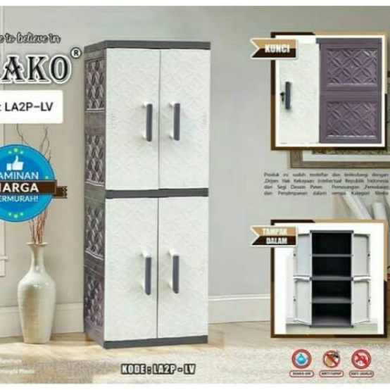 LEMARI PLASTIK AKAKO LA2P LEMARI PAKAIAN FULL KUNCI 4 SUSUN LEMARI ELEGANT 2 PINTU