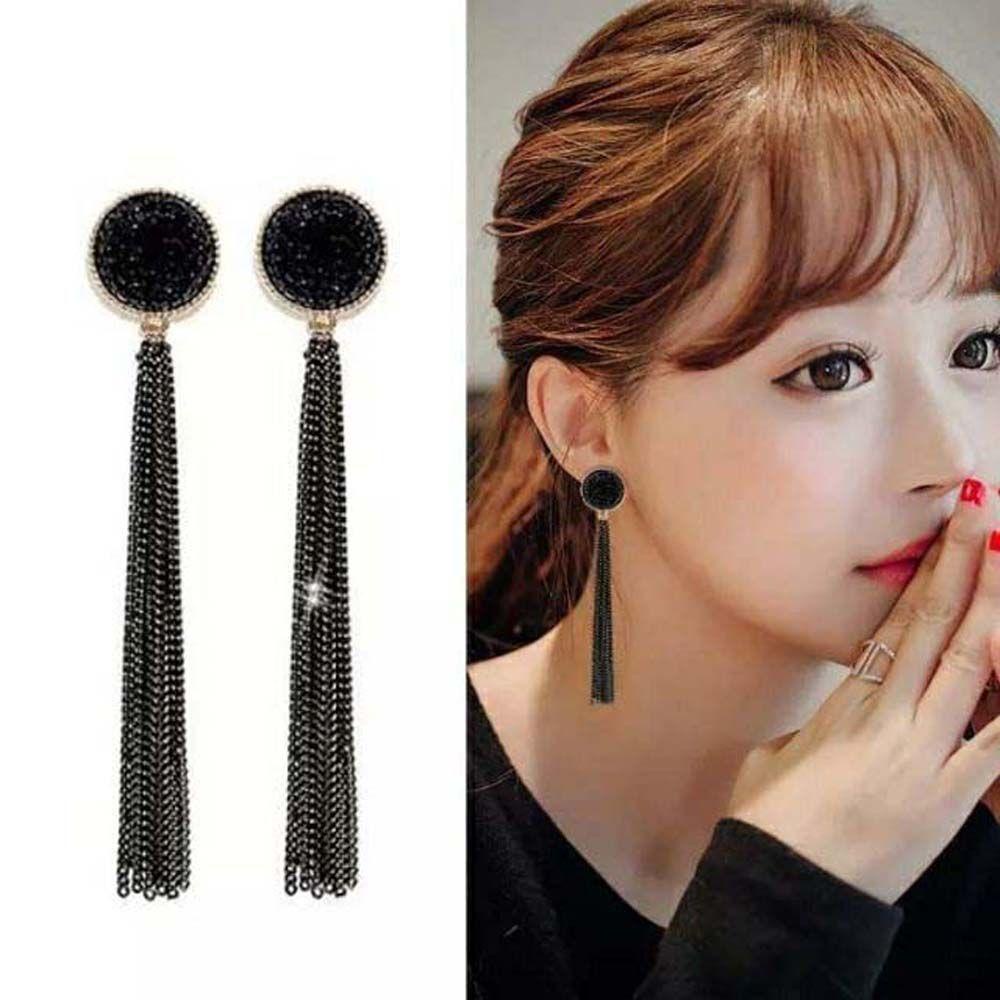 Anting Panjang Model Rumbai Menjuntai Aksen Kristal Warna Hitam Untuk Wanita