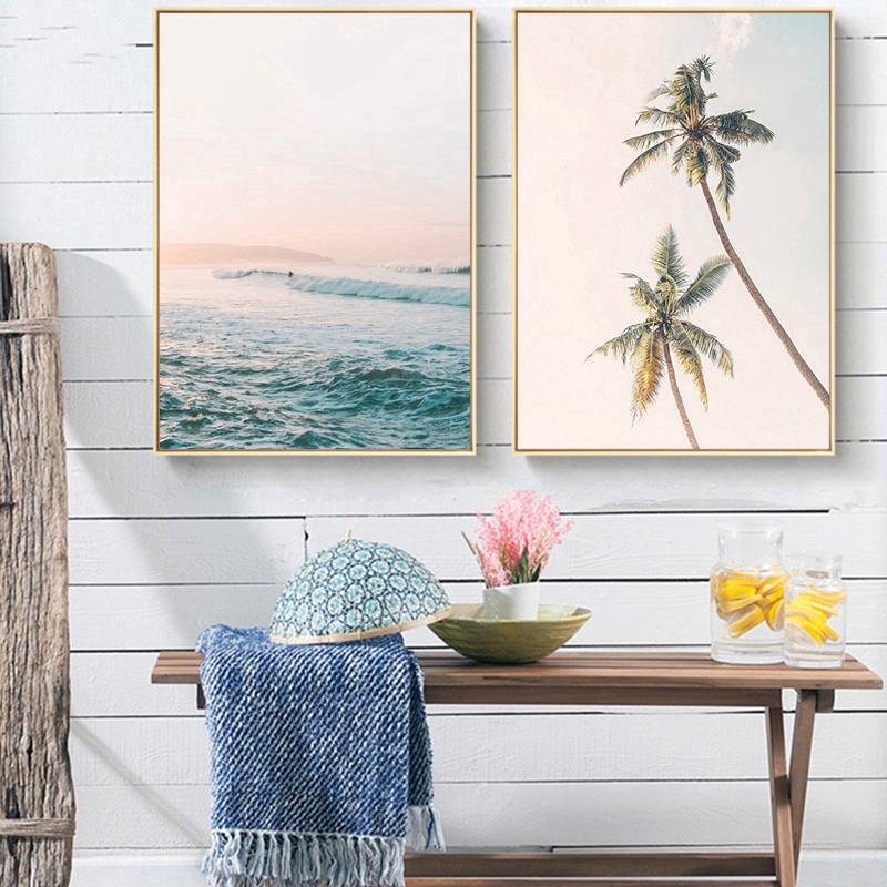 Peach Beach Poster Palm Tree Prints Seascape Canvas Surf Wall Art Nordic Decor Wall Pictures Shopee Indonesia