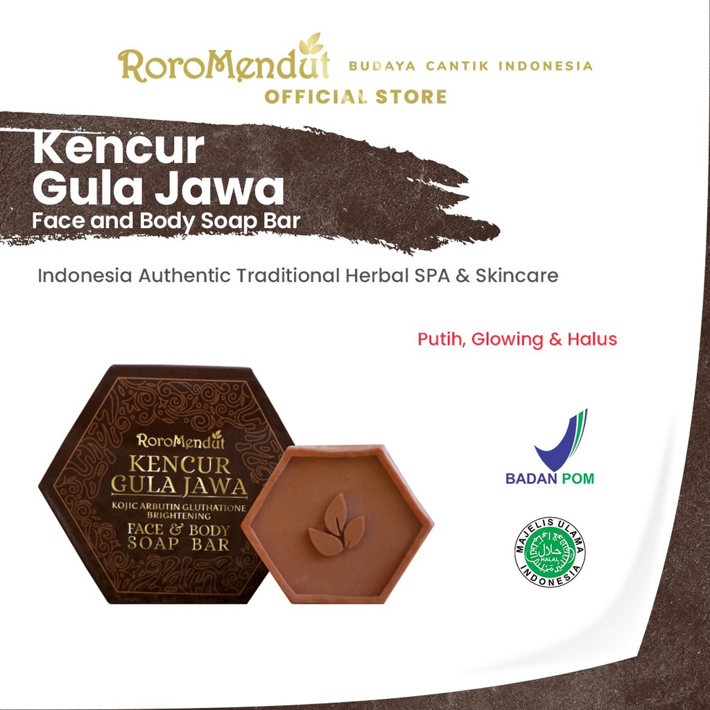 

Roro Mendut Kencur Gula Jawa Kojic Arbutin Glutathione Brightening Soap Bar