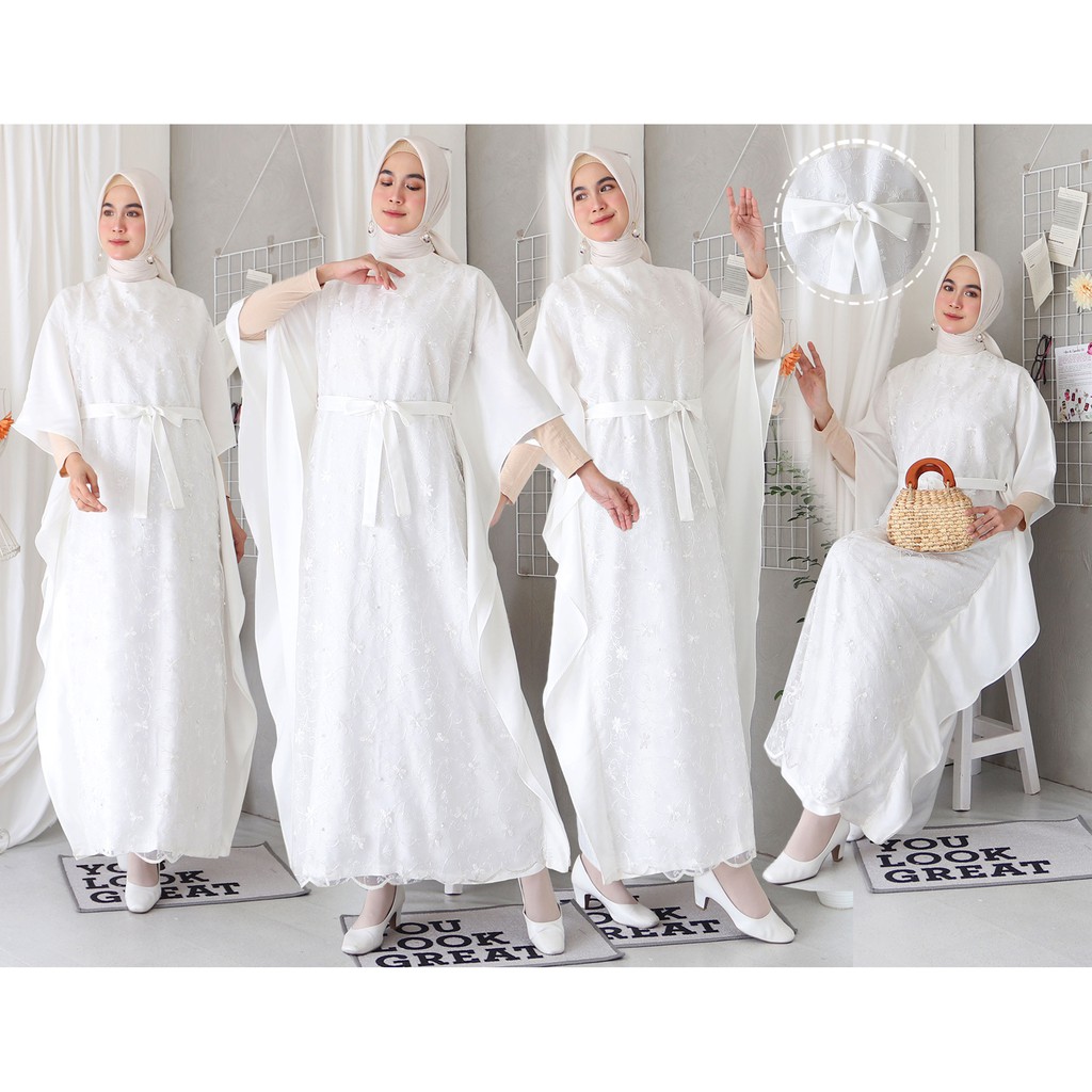 Kaftan Brukat Lebaran Baju Muslim Putih Wanita - 1601
