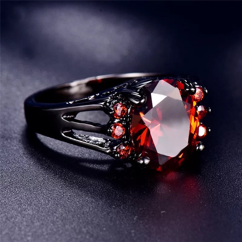 Cincin Batu Ruby Merah Garnet Wanita Pria Ring Gold Filled 14 KT Black Gun Platted