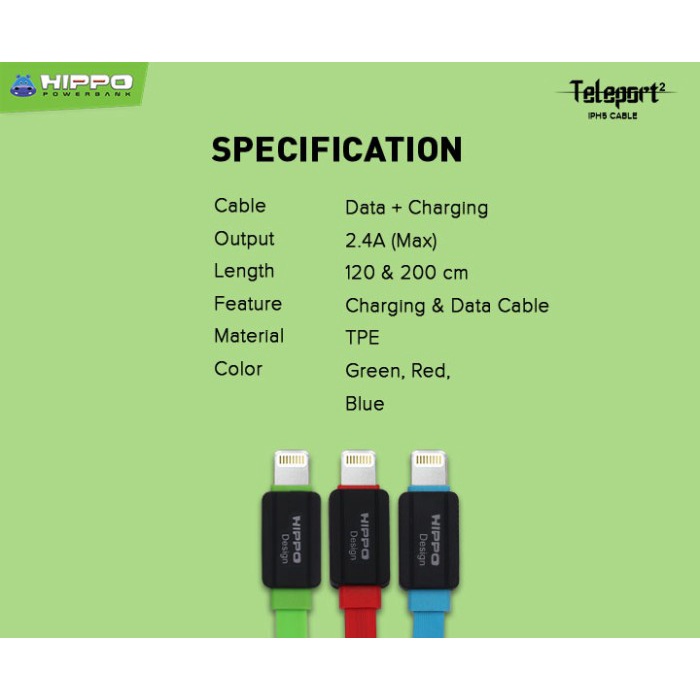 Hippo Kabel Data Teleport 2 USB to Lightning 2.4A Quick Charge 3.0 Fast Charging iPhone Data Cable