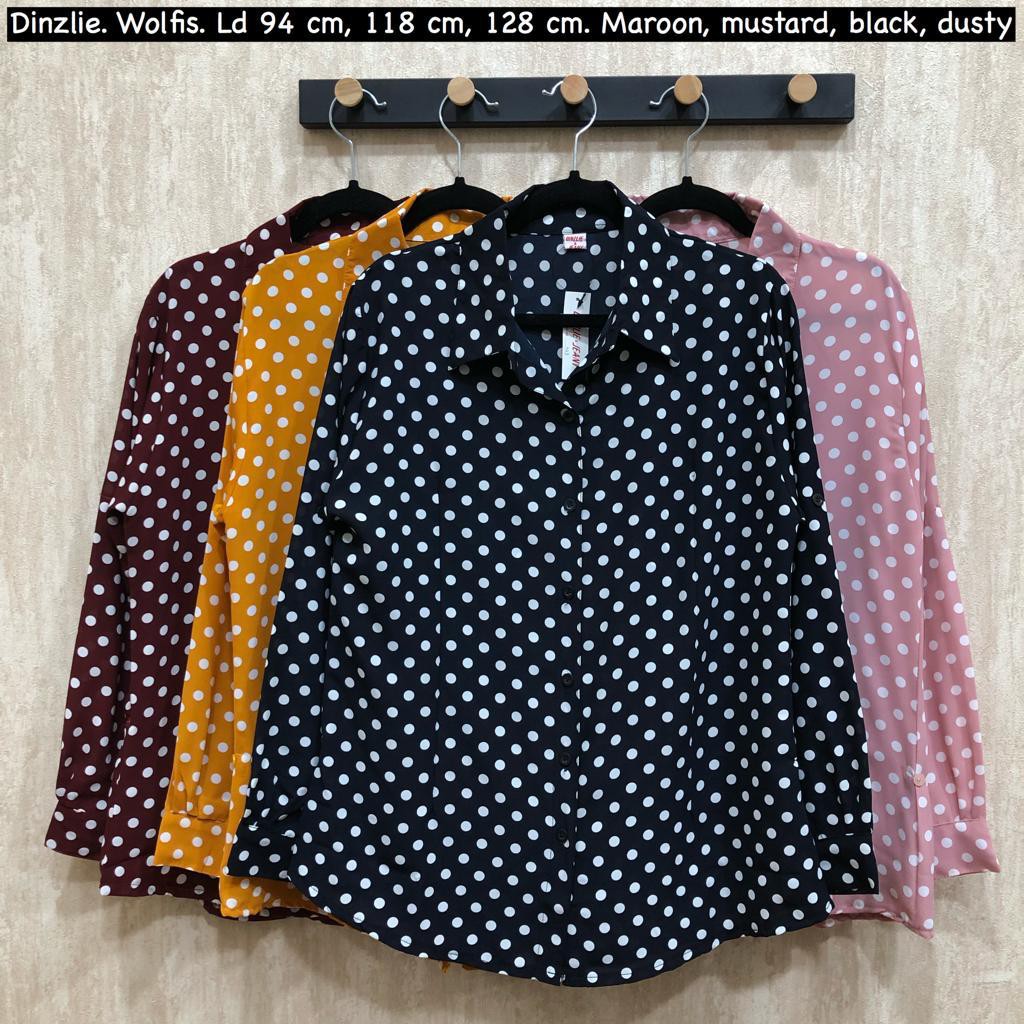 Dinzlieshop Kemeja Poladot Wanita Bahan Wolfis Premium