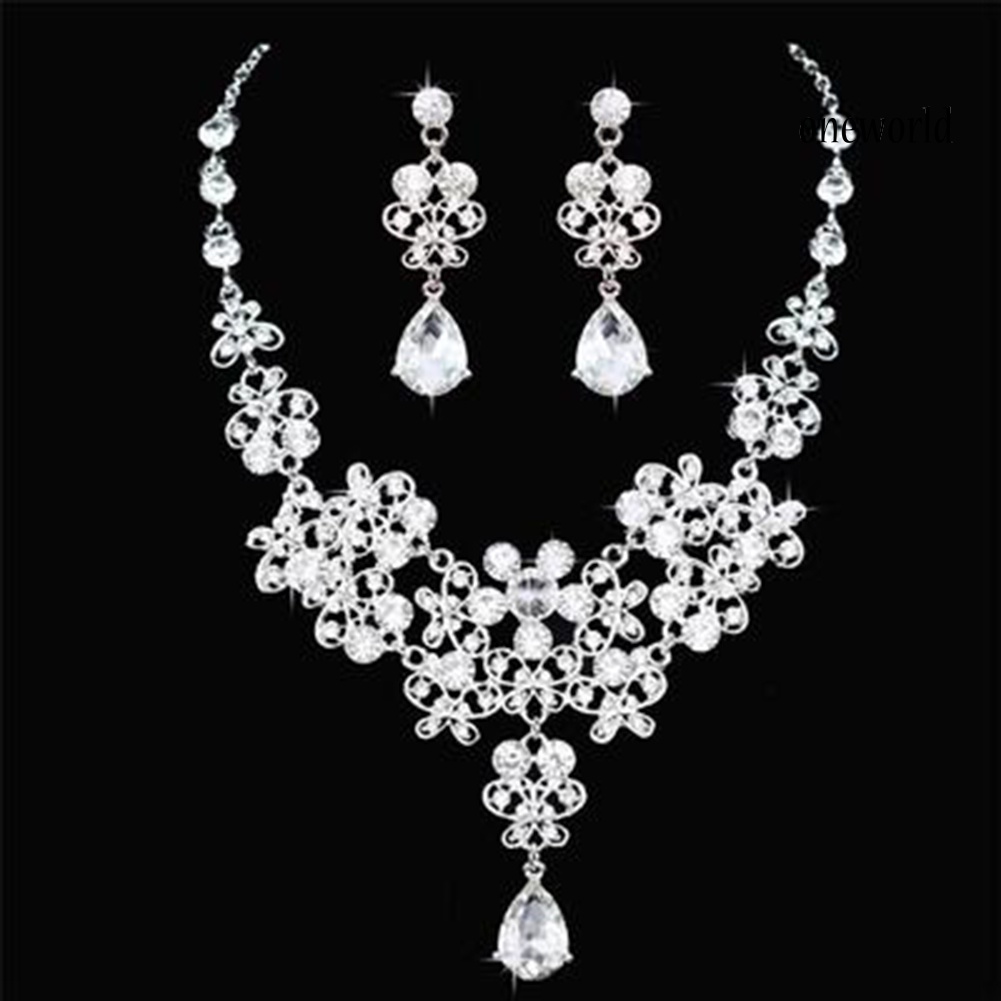 OW@ 3Pcs/Set Rhinestone Butterfly Necklace Crown Earring Bridal Wedding Jewelry Gift