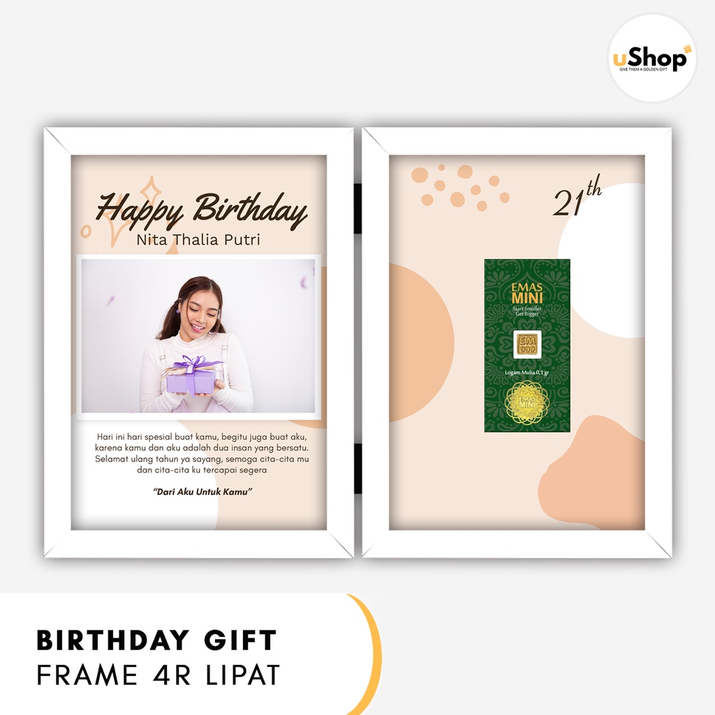 Birthday Gift Custom Foto Kado Ulang Tahun Frame 4R Lipat Logam Mulia Emas Mini