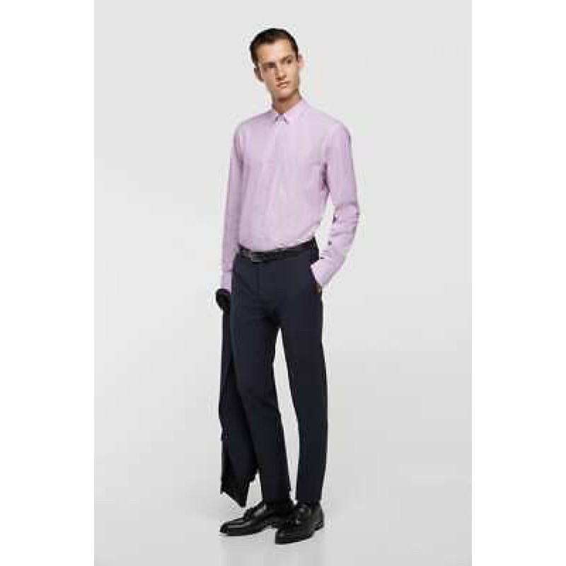 Zara Man Pink Regular Fit Stripe Long Sleeve Shirt