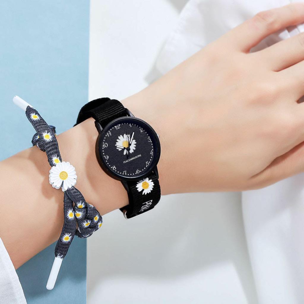 Jam Tangan Wanita Bunga Quartz Analog Motif Bunga Daisy Bahan Nilon Kanvas Women Watch Couple Pria JT002-HITAM BUNGA 1