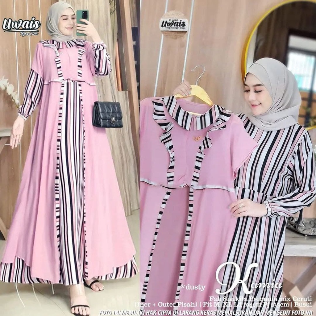 Cod Kamia set / gamis 2in1 rompi / gamis syakila kombi outer ceruty / gamis motif salur / gamis pest