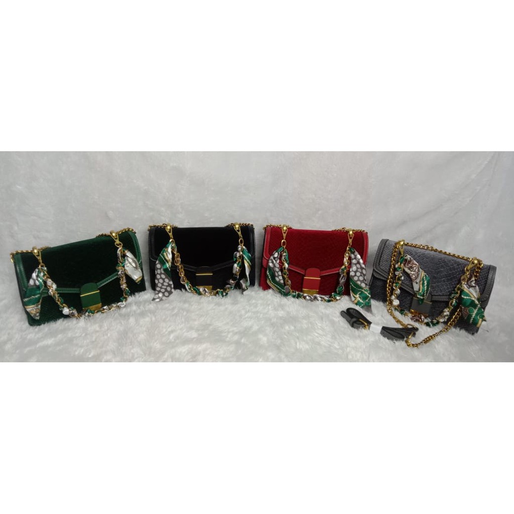 BJ81763 - BLACK/GRAY/GREEN/RED - TAS SLEMPANG SYAL SCARF TALI RANTAI IMPORT TAS WANITA FASHION IMPORT MODIS ELEGAN TERMURAH TERLARIS TERBARU BAGSTORE JAKARTA TAS BATAM GT1763