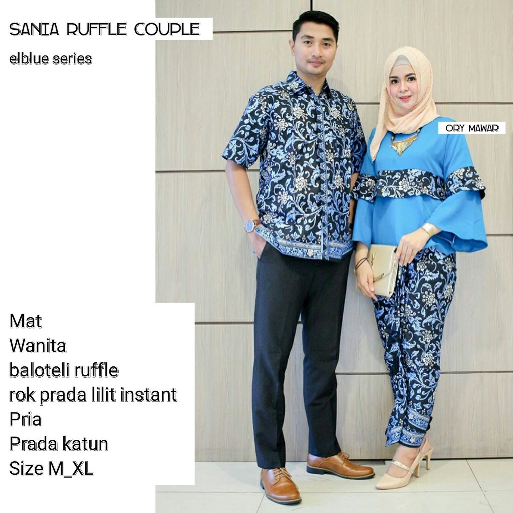 Sarimbit Batik Elegant Couple Sania Mawar ruffle - Warna Ungu, Tosca, Late, Biru, Kuning - M L XL