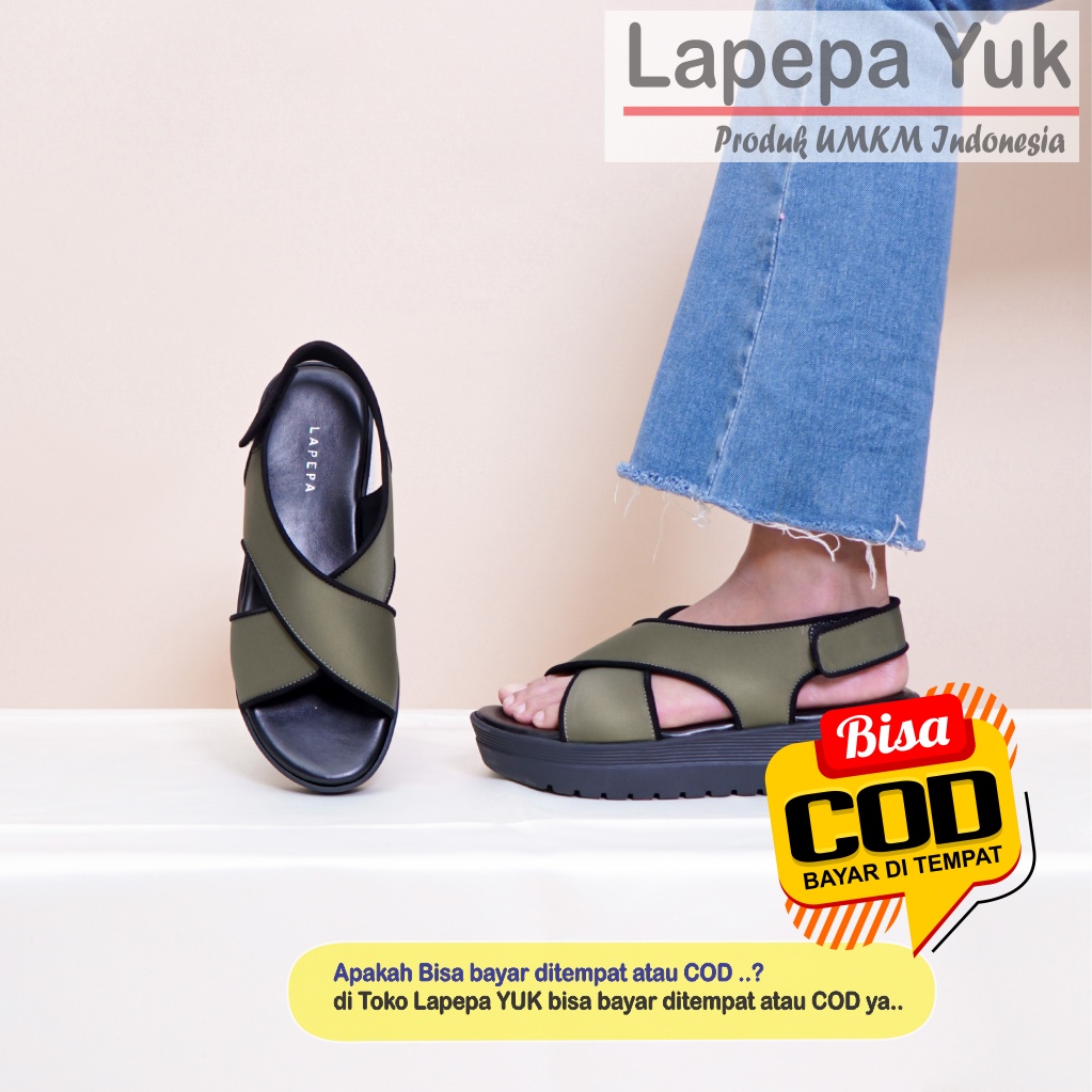 LAPEPA YUK -  Sepatu Sandal Wanita Wedges CLARIE Model Ban dua Tali Strap belakang Hak Tinggi Sole 4 cm Spatu Sendal Gunung Cewek  Size 36 37 38 39 40 Warna OLIVE Hijau Soft Cewe Kekinian Premium Terbaru Shoes Ori Original Mall Official Store Promo