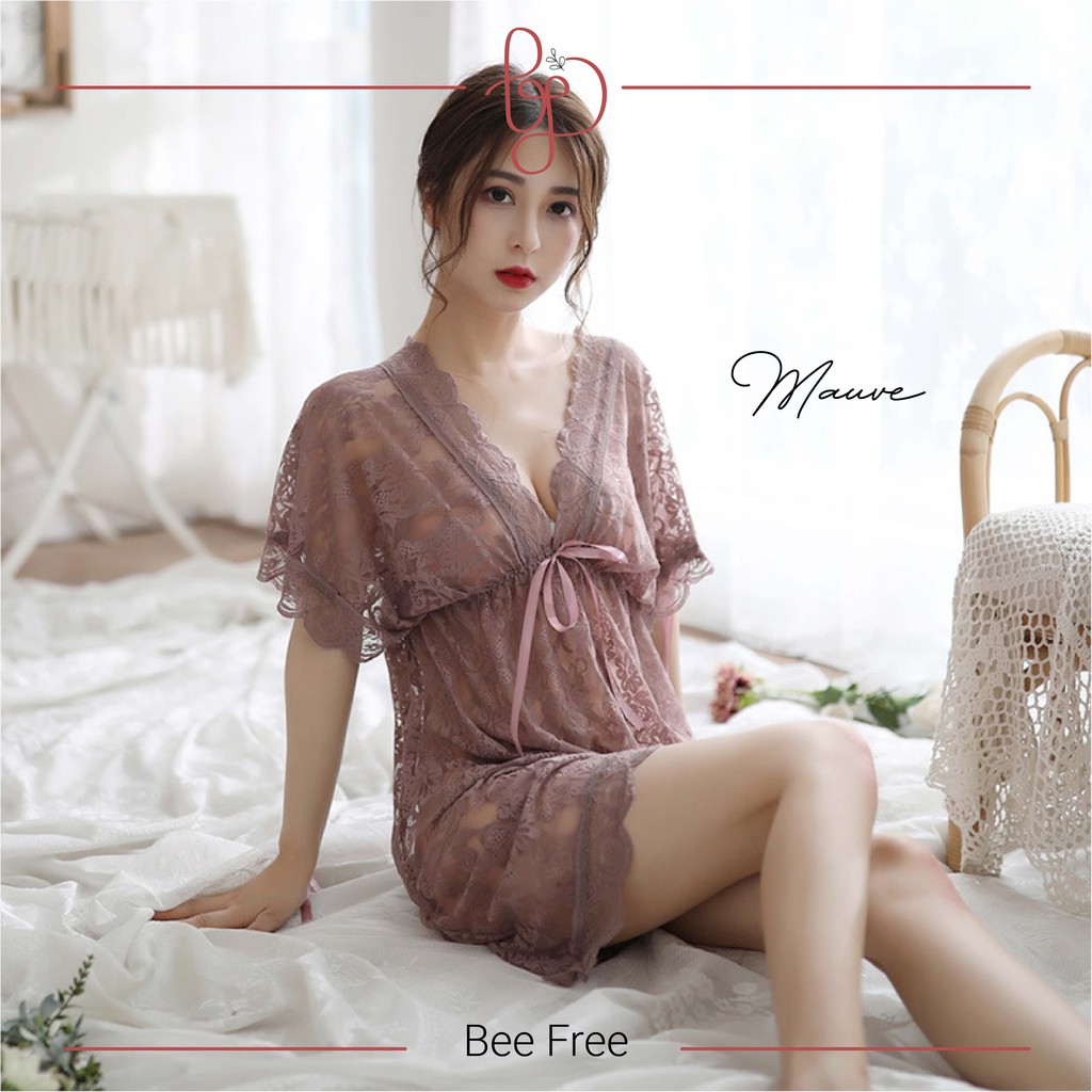 OPERA Baju Tidur Premium Lingerie Sexy Setelan Wanita Piyama All Size Sleepwear Sexy Lingerie Jumbo V-Neck Model Dewasa-Mauve