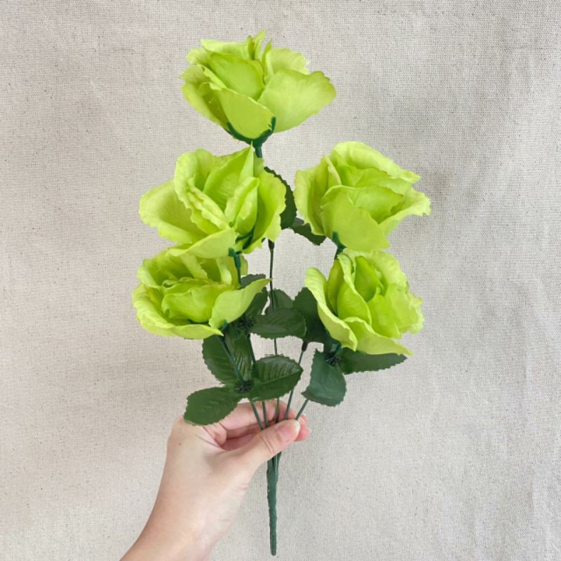 Bunga Mawar hias Rose Impor  FL X5 P:40cm (satuan) Bunga Artificial / Bunga Plastik / Bunga Dekorasi-Hijau