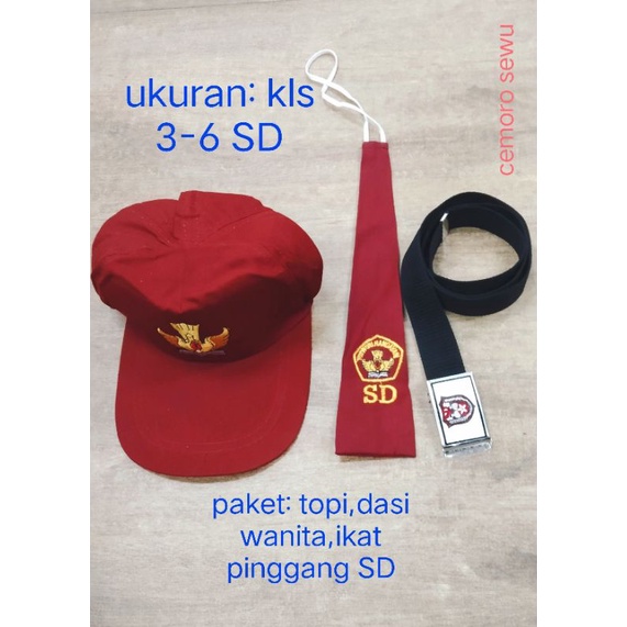 Paket isi topi dasi wanita dan ikat pinggang ukuran SD kelas 3-6