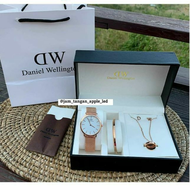 JAM TANGAN FASHION WANITA Paket DANIEL WALL  WD DW Full Set Jam + Gelang + Kalung + Anting + Cincin 