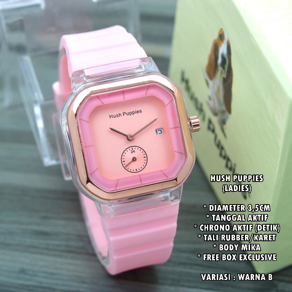 (BISA COD) JAM TANGAN WANITA HUSH PUPPIES TALI RUBBER BODY SEGI TANGGAL &amp; CHRONO ON