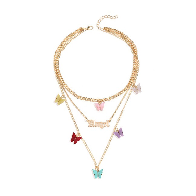 LRC Kalung Wanita Fashion Alloy Resin Butterfly Letter Multi-layer Necklace K43655