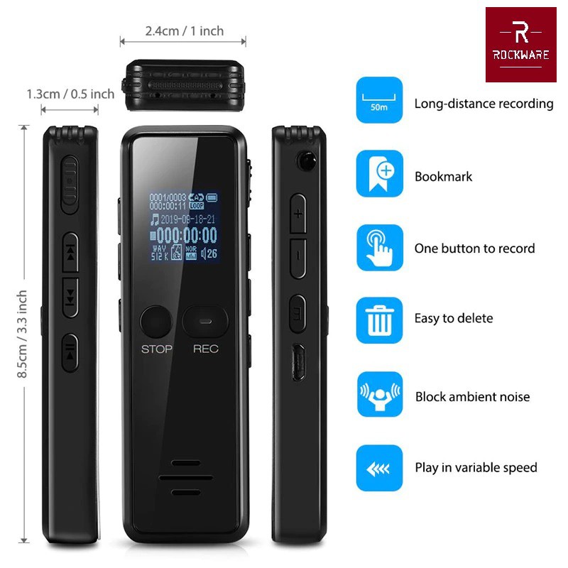 ROCKWARE RW-AVR03- Professional Audio Voice Recorder 8GB - 1536Kbps