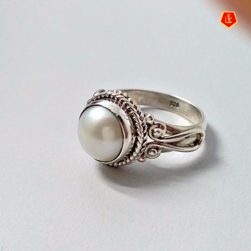 [Ready Stock]S925 Vintage Silver Inlaid Pearl Ring Fashion